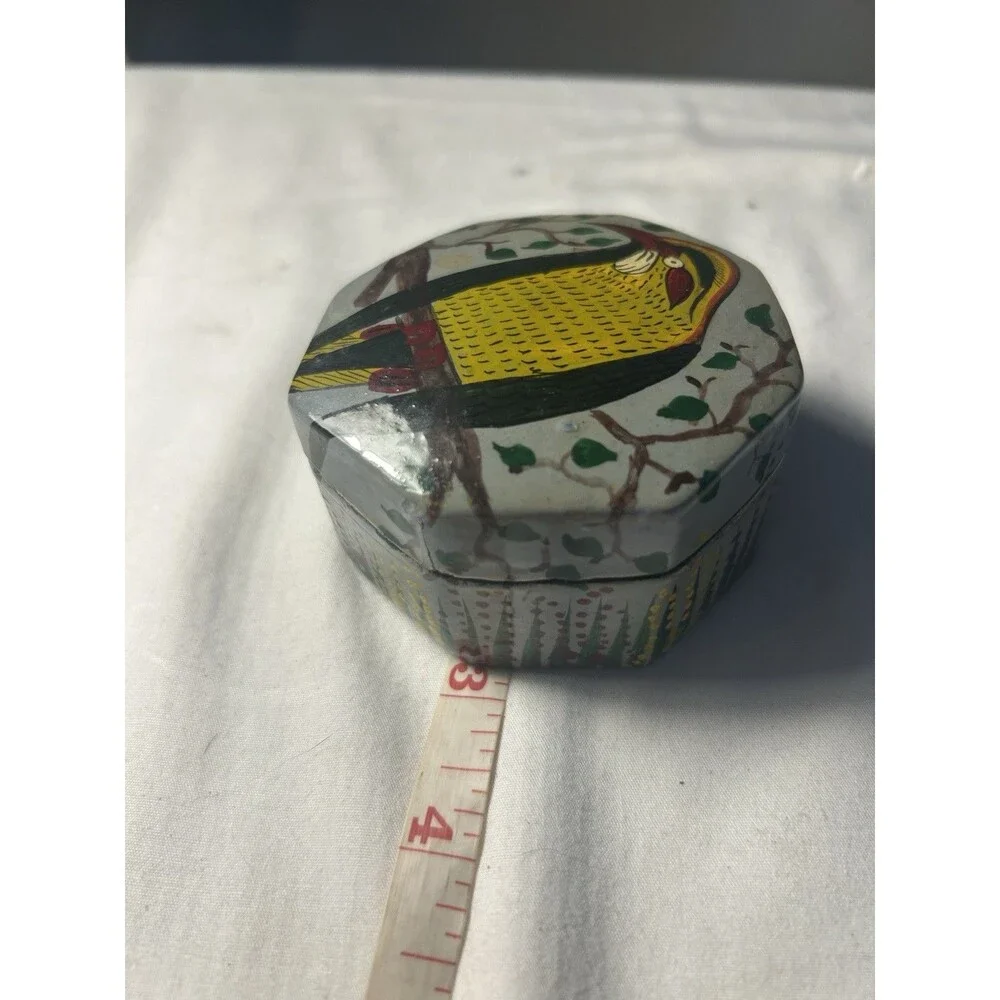 Vintage Kashmir Paper Mache Lacquered Trinket Box Oriole Bird Himalayas